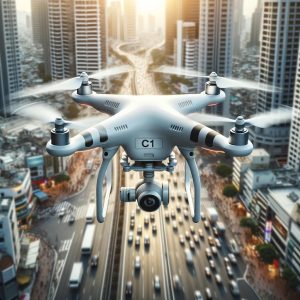 Moderne C1-Drohne, genutzt für Fotografie und Videografie in städtischen Gebieten, symbolisiert sicheren und regulierten Einsatz gemäß EU-Drohnenverordnung.